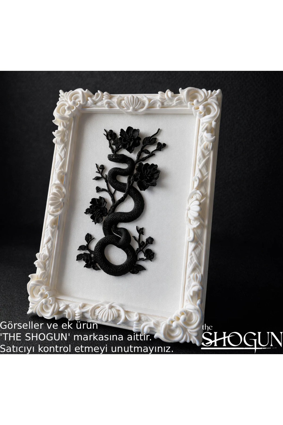 Eterna Yılan & Çiçek Rölyef Beyaz Tablo | Varaklı Çerçeve 170mm x230mm
