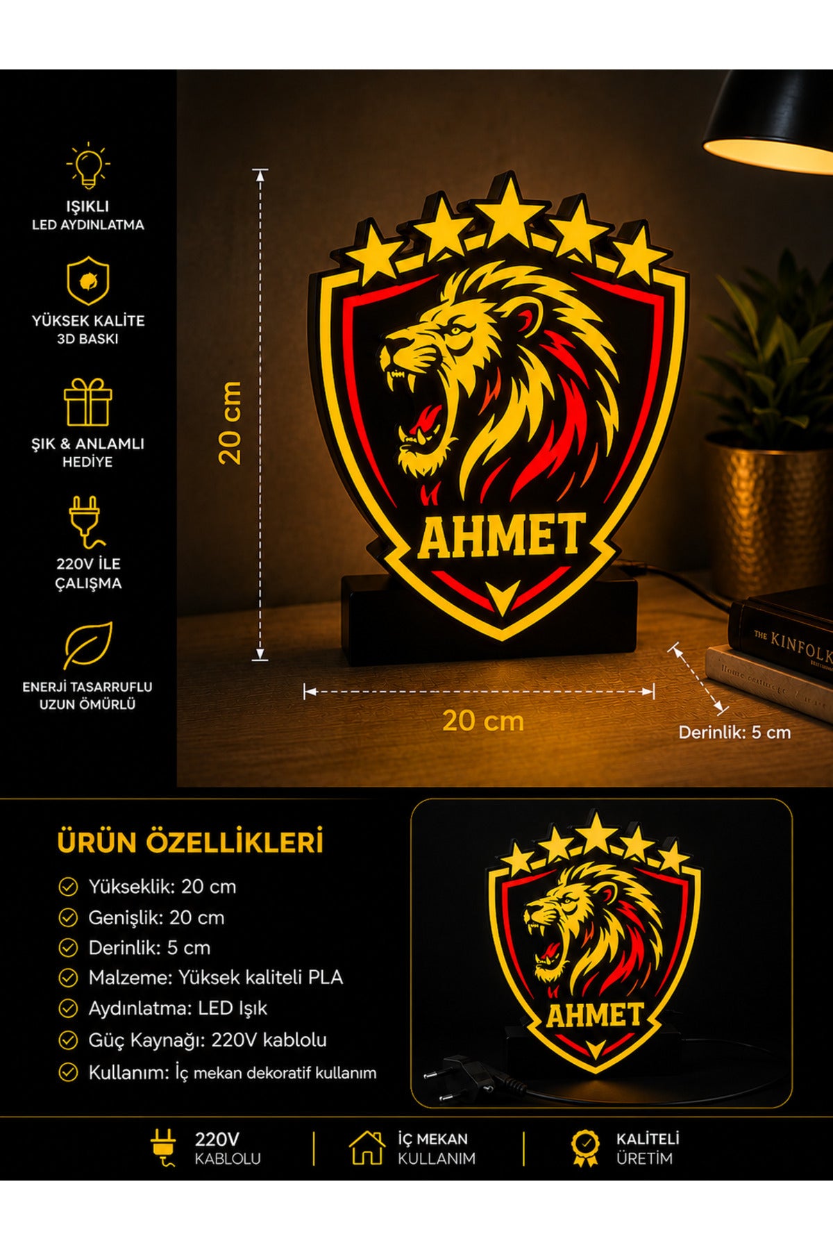 Aslan Figürlü 1905 Tasarım Masa Lambası Sarı Kırmızı Gece Lambası