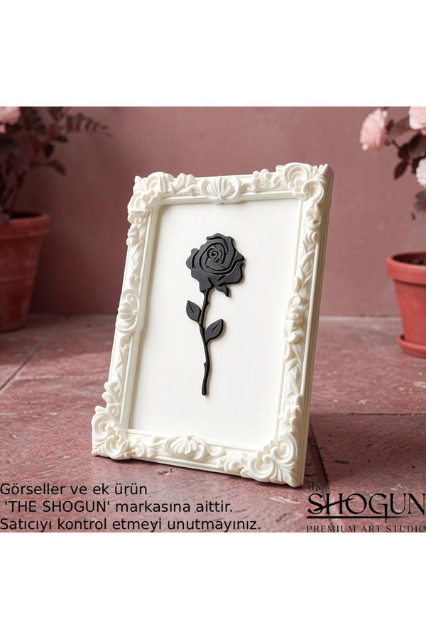 Monarch Rose Kabartma Gül Model Varaklı Beyaz Premium Tablo | 170mm x 230mm Masaüstü İçin
