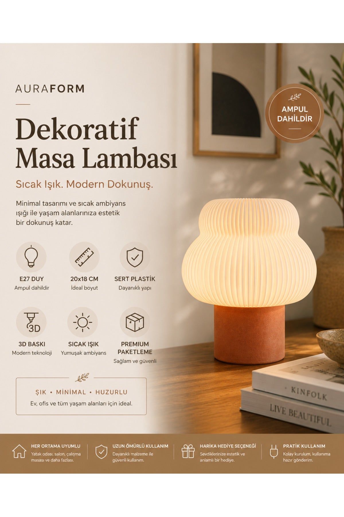 AuraForm Dekoratif Masa Lambası Gece Lambası Ortam Aydınlatma Şık Minimal Tasarım