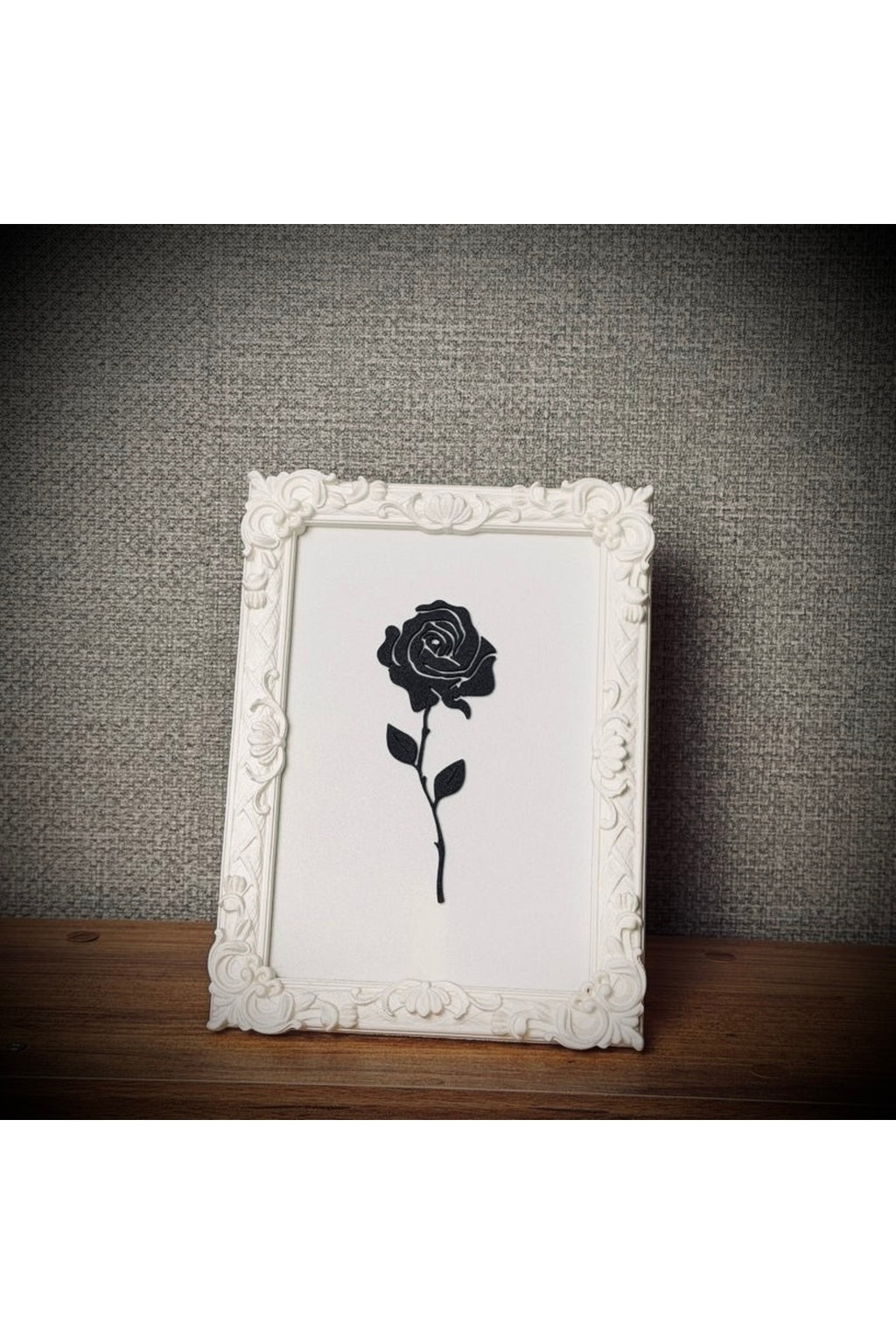 Monarch Rose Kabartma Gül Model Varaklı Beyaz Premium Tablo | 170mm x 230mm Masaüstü İçin