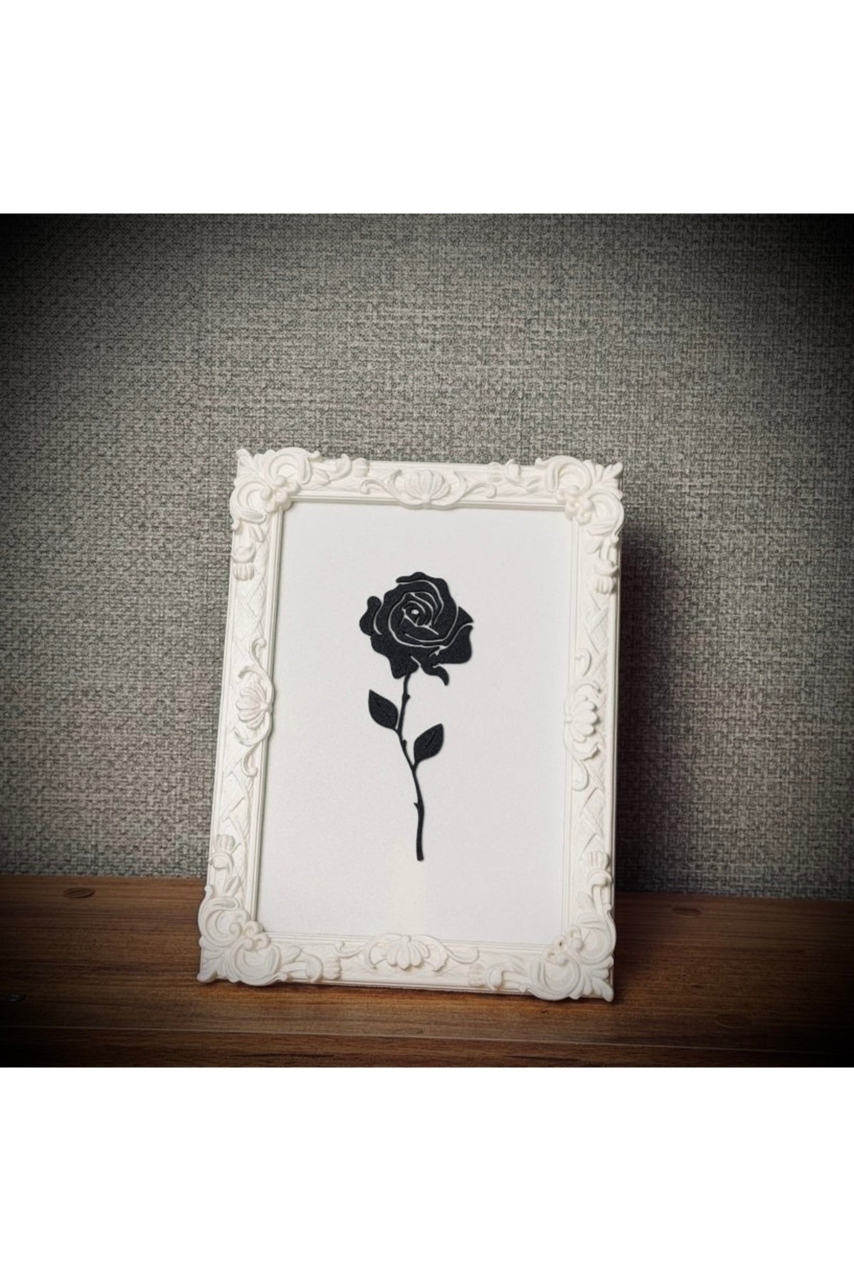 Monarch Rose Kabartma Gül Model Varaklı Beyaz Premium Tablo | 170mm x 230mm Masaüstü İçin