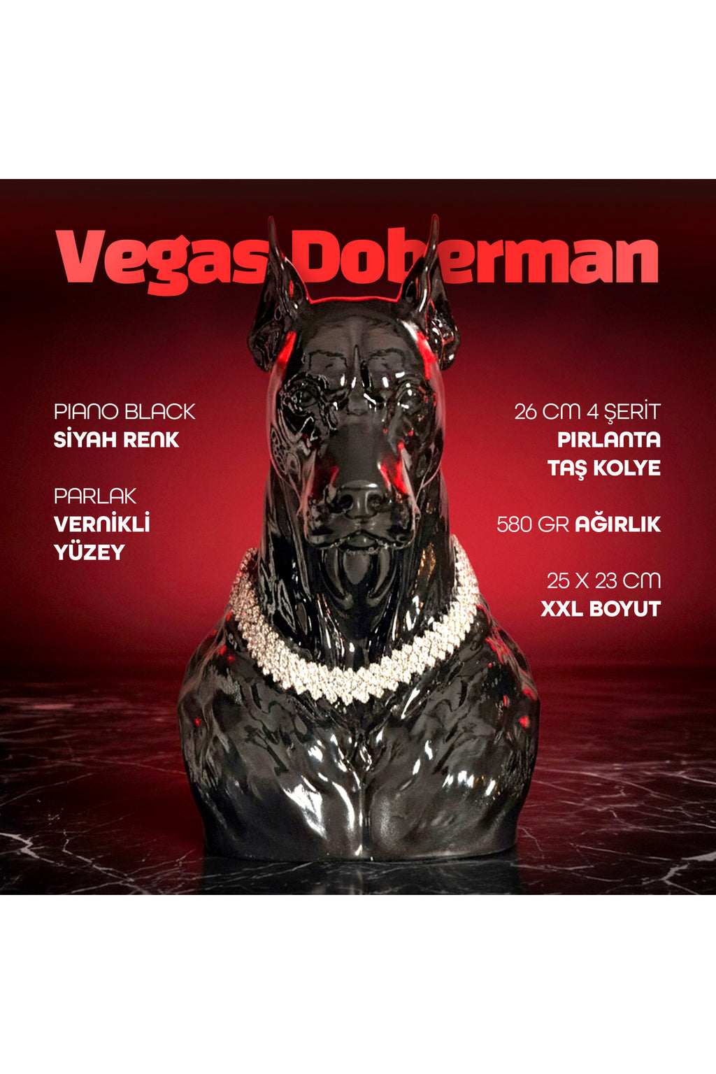 Vegas Debormen Pırlanta Kolyeli Lüks Dekoratif Doberman Figürü