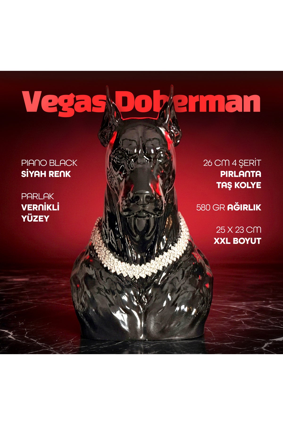 Vegas Debormen Pırlanta Kolyeli Lüks Dekoratif Doberman Figürü