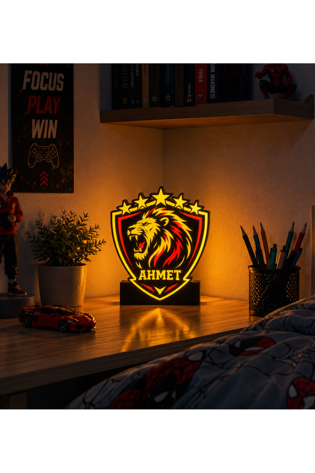 Aslan Tasarım İsime Özel Tasarım Masa Lambası Sarı Kırmızı Gece Lambası