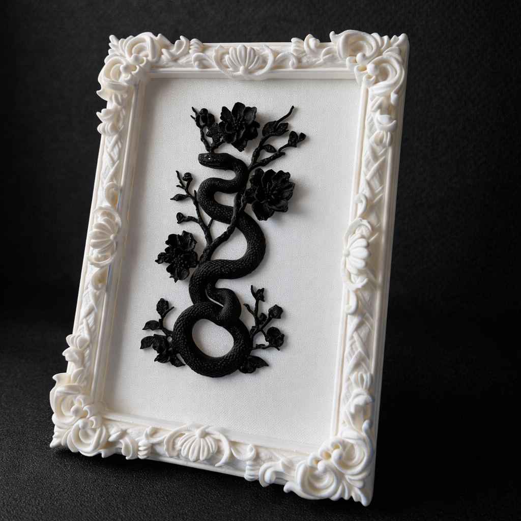 Eterna Yılan & Çiçek Rölyef Beyaz Tablo