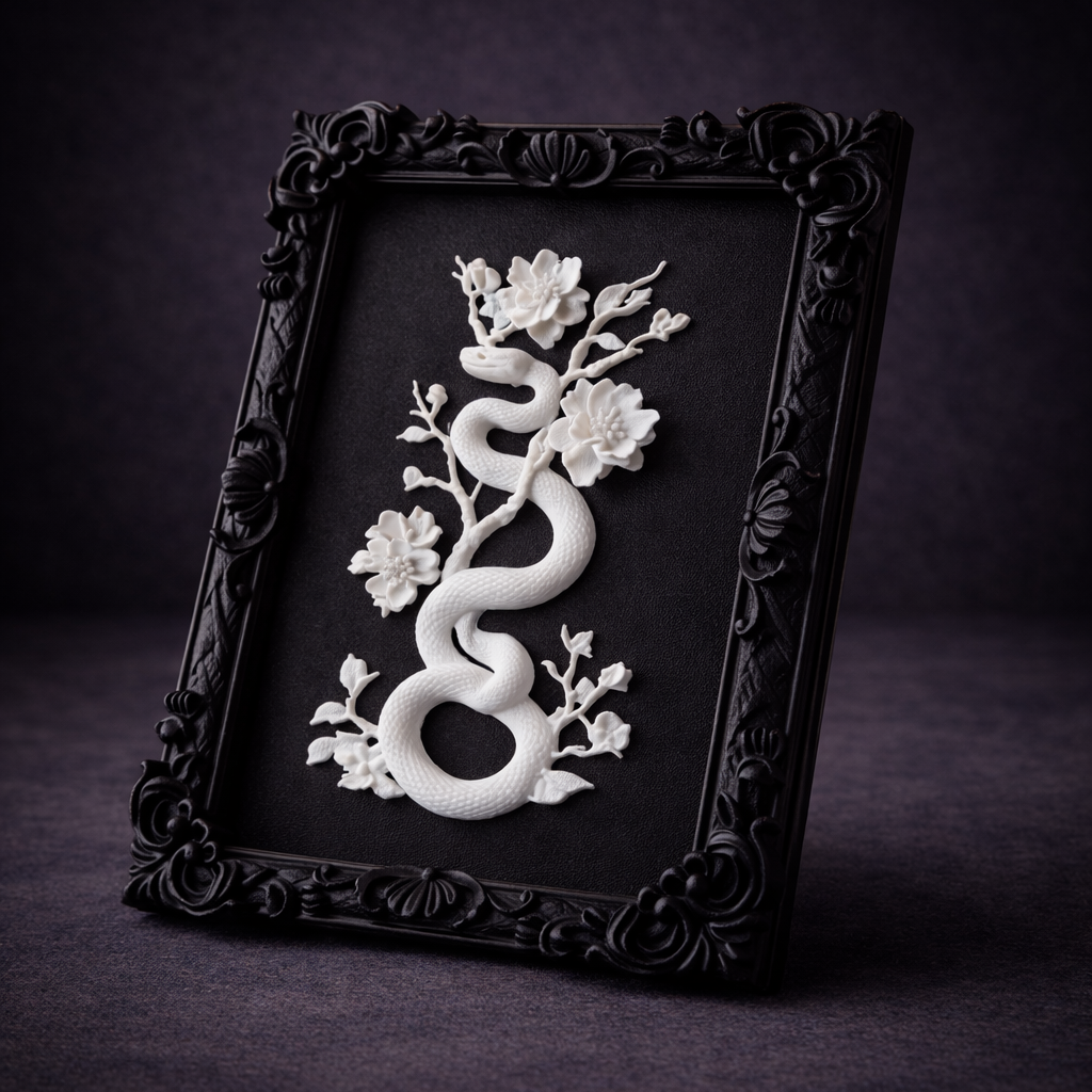 Eterna Yılan & Çiçek Rölyef Siyah Tablo