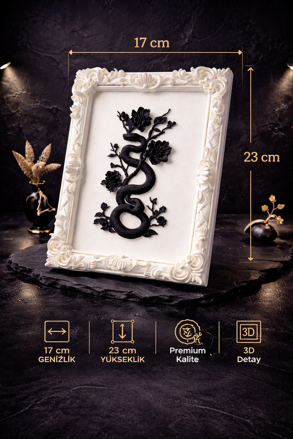 Eterna Yılan & Çiçek Rölyef Beyaz Tablo