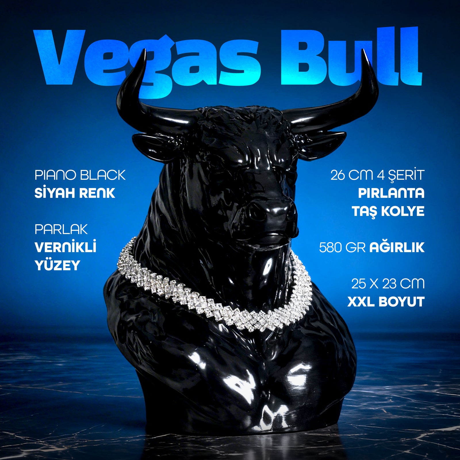 Vegas Bull Pırlanta Kolyeli Lüks Dekoratif Boğa Figürü