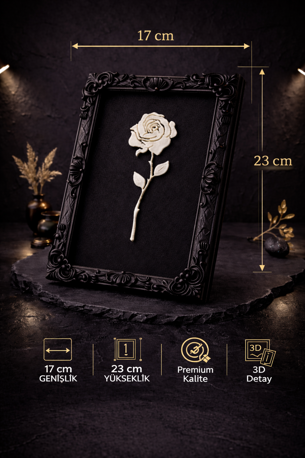 Monarch Rose Kabartma Gül Model Varaklı Beyaz Premium Tablo