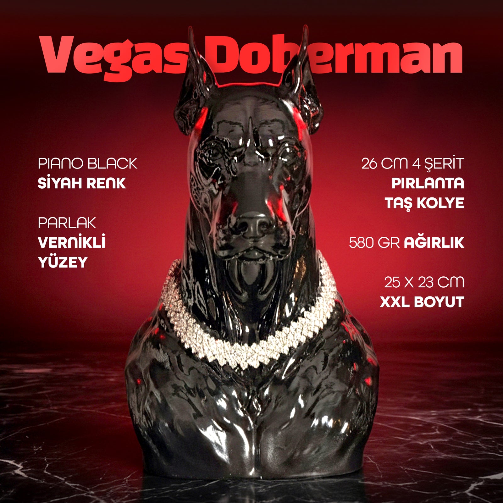 Vegas Deborman Pırlanta Kolyeli Lüks Dekoratif Doberman Figürü