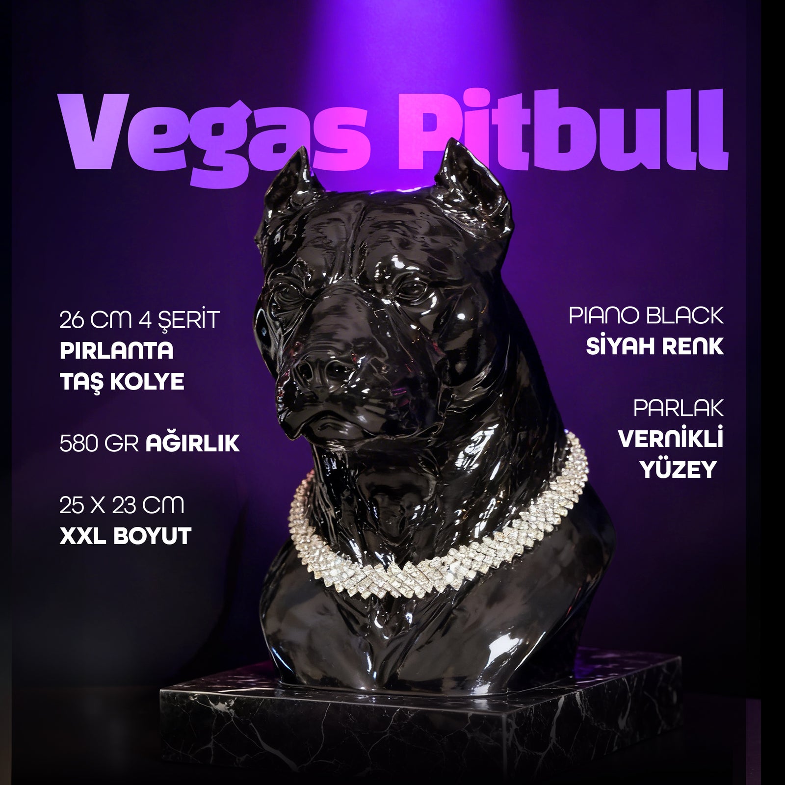 Vegas Pitbull Pırlanta Kolyeli Lüks Dekoratif Pitbull Figürü